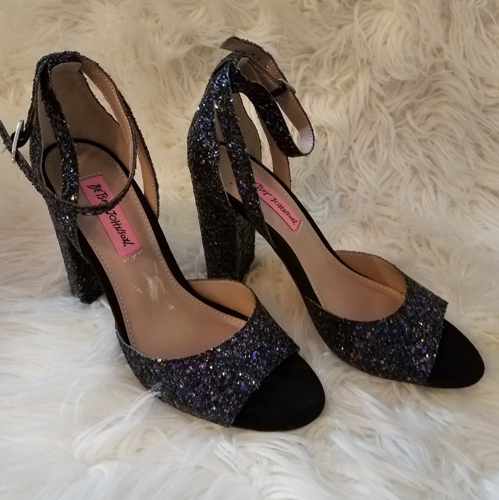 Betsey Johnson Glissten Black Blue Glitter Heels